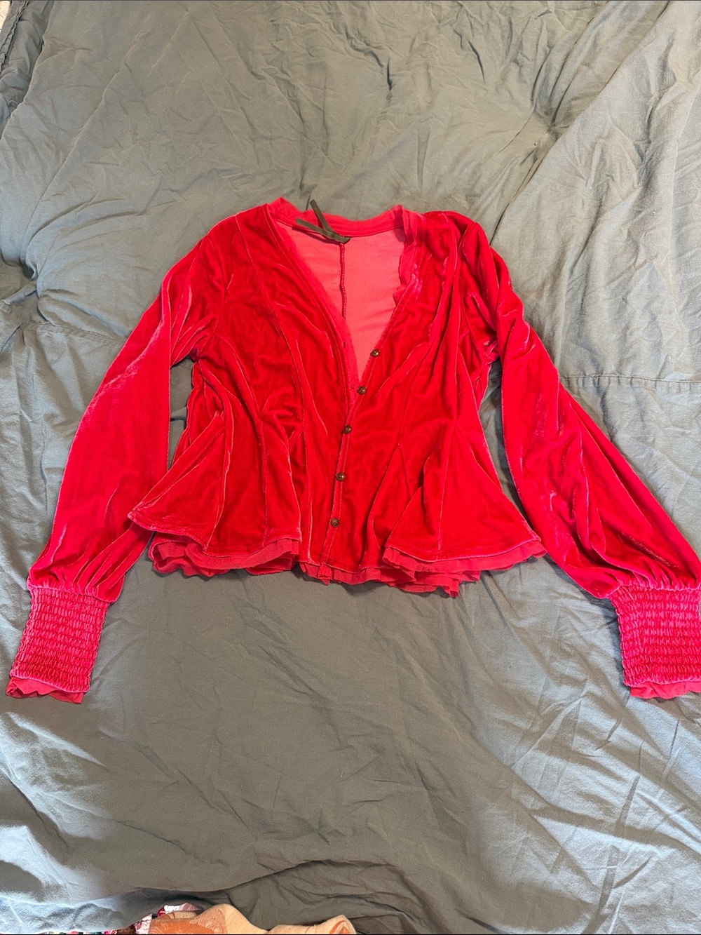 Anthropologie Vibrant Red/Cusco’s pink Velvet Button-Front Blouse
